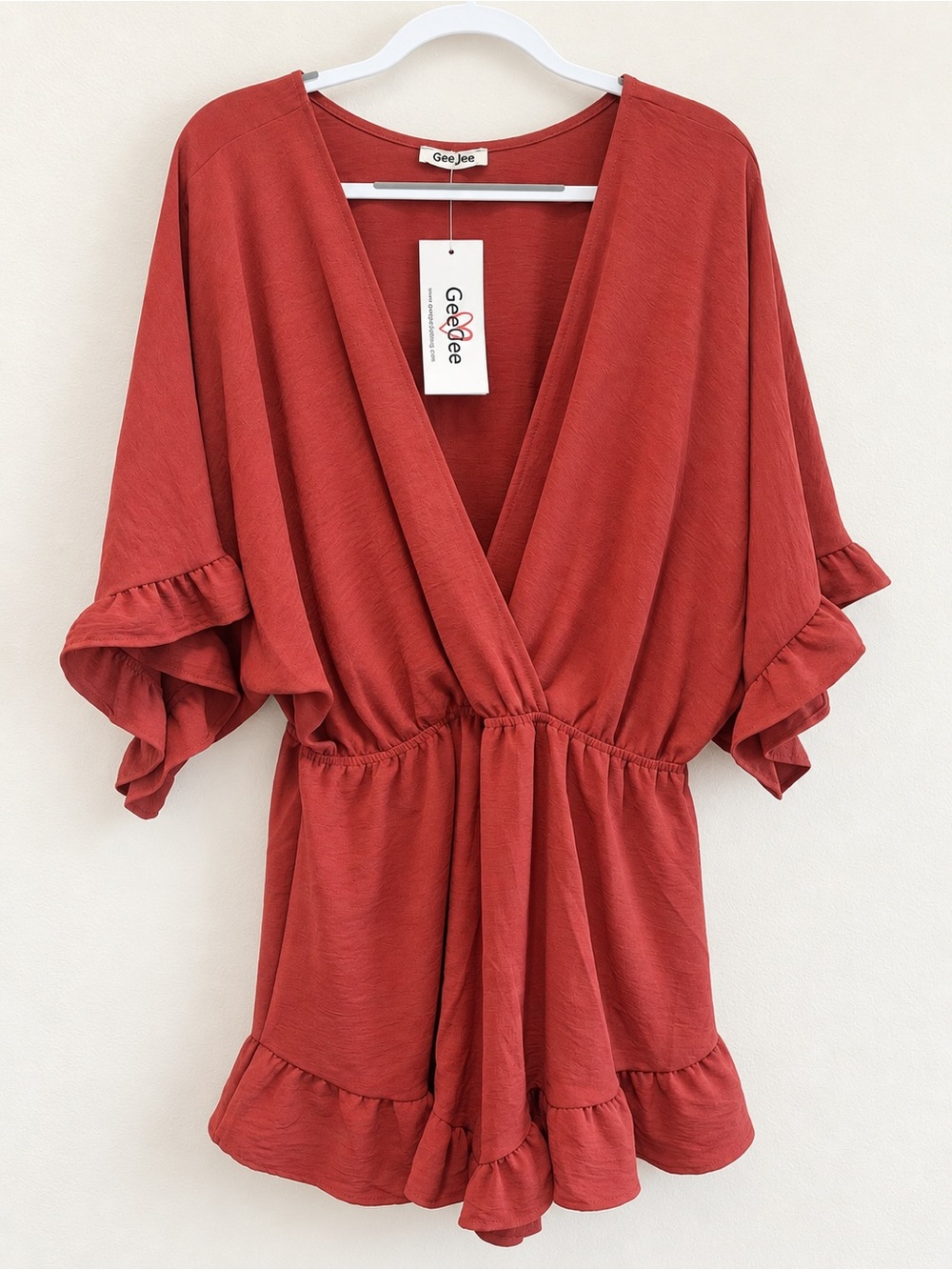 GeeJee Rust Red V-Neck Ruffle-Sleeve Tunic
